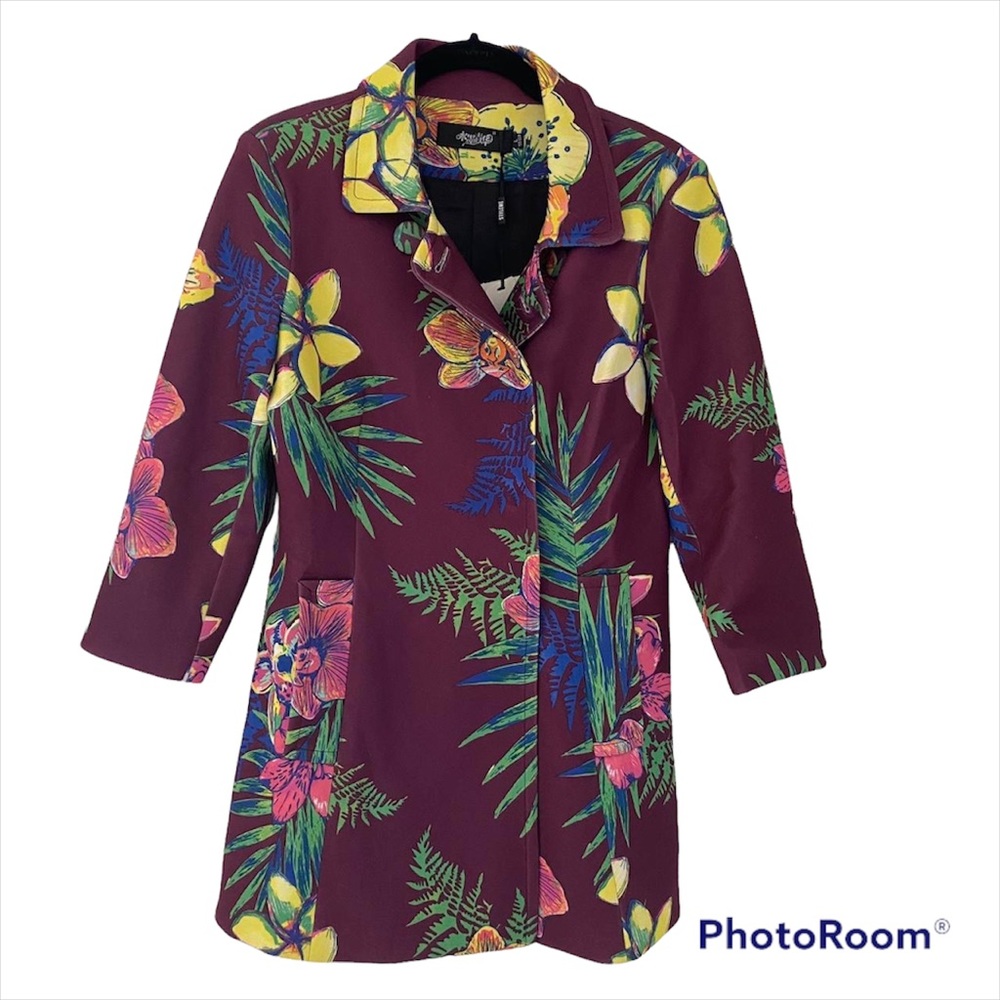 Flower print double breasted women’s coat with pockets